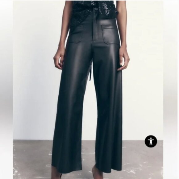 Zara Black Faux Leather Wide Leg Pants High Waist Office Party Holiday NEW  XS - Picture 3 of 15